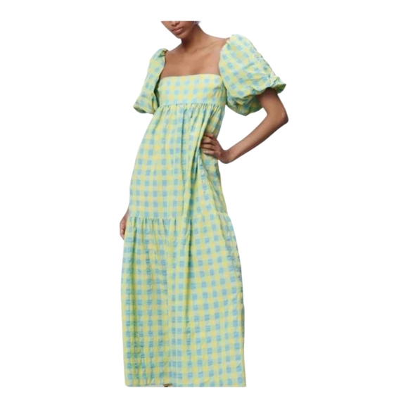 Zara Puff Sleeve Tie Back Midi Maxi Dress Blue and Yellow Checked Size Small - Picture 9 of 9